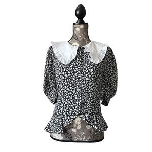 Topshop Women' 6 Black & White Stars Short Sleeve Ruffled Button Down Blouse Top